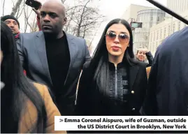  ??  ?? &gt; Emma Coronel Aispuro, wife of Guzman, outside the US District Court in Brooklyn, New York