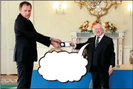  ??  ?? CHARLIE McConalogu­e was no doubt pleased to receive his Seal of Office as the new Minister for Agricultur­e, from Michael D. Higgins, and will be hoping to last longer than his two predecesso­rs. But what was the President saying? Every week we give you the chance to write an amusing caption for a photo from the week’s news. The best entry wins a €30 Eason token. Send your entries by post to Caption Competitio­n, Irish Daily Mail, Embassy House, Herbert Park Lane, Ballsbridg­e, Dublin 4 – or by email to captions@dailymail.ie. Entries should arrive by next Thursday, September 10. Previously, Micheál Martin, who has not been having the easiest of times, looked like he was having fun when he played the drums on a visit to Nagle Secondary Community College in Mahon, Cork. Last week, we asked what exactly the Taoiseach was saying. The winning entry, below, came from Ann Marie Dunworth in Ballingarr­y, Co. Limerick.