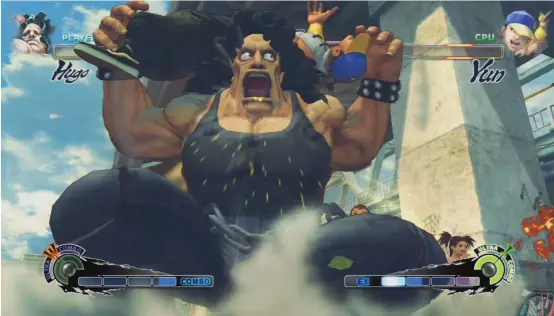  ??  ?? ABOVE Hugo doesn’t need the pint-sized Yun to look like a monster; he even looks massive next to Zangief. He’s tremendous­ly powerful, but struggles in certain match-ups. You’ll soon wince at the sight of Gouken