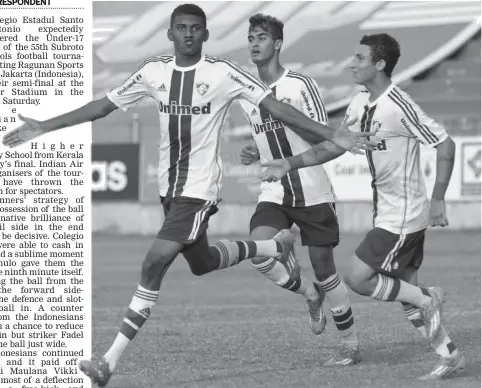  ??  ?? Loran Romualdo ( left) of Colegio Estadul Santo Antonio, Brazil, celebrates a goal against Jakarta’s Ragunan Sports School in their Subroto Cup U- 17 boys semi- final in New Delhi on Saturday.