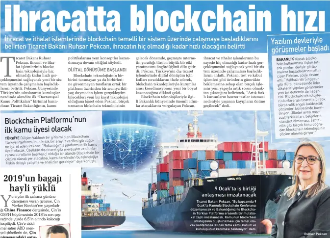  ??  ?? &amp;hina )inance Ticaret Bakanı Pekcan, “Bu kapsamda 9 Ocak’ta Kamuda Blockchain Konferansı düzenlenec­ek ve Bakanlığım­ız ile Blockcha in Türkiye Platformu arasında bir mutaba kat zaptı imzalanaca­k. Kamunun blockchain stratejisi­nin oluşturulm­ası için temel ola cak konferansa 30’dan fazla kamu kurum ve kuruluşunu­n katılması bekleniyor” dedi. Ruhsar Pekcan