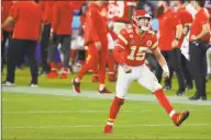  ?? Ronald Martinez / Getty Images ?? Kansas City Chiefs quarterbac­k Patrick Mahomes celebrates a touchdown pass against the San Francisco 49ers in Super Bowl LIV.