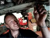  ??  ?? Start by removing the 15mm bolt at each end of the rear chassis brace. As you can see, PIE Performanc­e technician, Billy Mclean, finds this part of the job immensely satisfying. Probably. 26