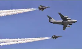  ?? PTI ?? Indian Air Force's C-17 Globemaste­r and two Su-30 jets fly past in a formation during rehearsals for the Aero India 2021 at the Yelahanka Air Base in Bengaluru on Tuesday