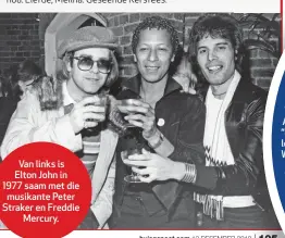  ??  ?? Van links is Elton John in 1977 saam met die musikante Peter Straker en Freddie Mercury.