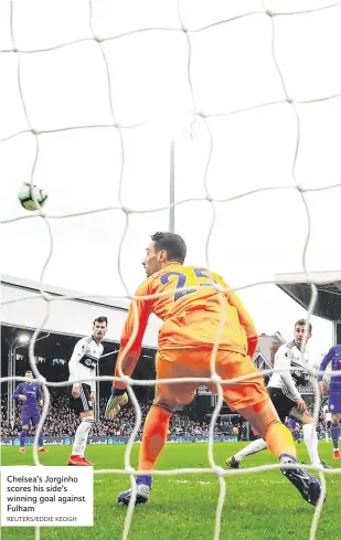  ?? REUTERS/EDDIE KEOGH ?? Chelsea’s Jorginho scores his side’s winning goal against Fulham