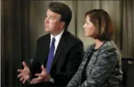  ?? AP PHOTO/JACQUELYN MARTIN ?? Brett Kavanaugh, with his wife Ashley Estes Kavanaugh, answers questions during a FOX News interview Monday in Washington, about allegation­s of sexual misconduct against the Supreme Court nominee.