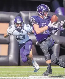  ?? ROBERTO E. ROSALES/JOURNAL ?? Manzano’s Andrew Erickson (11) catches a pass against Clovis last month. Erickson, also a member of the Monarchs’ track team, has two TDs of more than 90 yards.