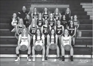  ?? Kaszak Photograph­y ?? The 2020-2021 Ansley-Litchfield Spartans Girls Basketball Team from bottom row left are: Sydnee Sweley, Harley Myers, Taylor Haines, and Rebecca Mostek. Second Row: Lyndsie McAuliff, Peyton Henry, Brandi Slocum, Katherine Paitz, and Emily Mostek. Third Row: Student Manager Lakota Jenkins, Student Managers Jessi Carr, Carli Bailey, Gradie Cunningham, Student Manager Gracie Richie, and Student Manager Ava Paitz. Back Row: Head Coach Travis Olson, Audrey Hogg, Kaylee Rohde, Faith Heapy, amd Assistant Coach Bevin Drew.