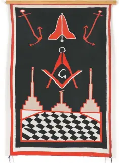 ??  ?? Above, early 20th-century Scottish Rite Masons living near Navajo Indians gave traditiona­l rugs as gifts to their Masonic lodges, including this one to Santa Fe’s Montezuma Lodge No. 1; top, scene from degree production “Noachite, or Prussian Knight Woods”