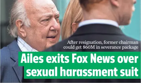  ?? DREW ANGERER, GETTY IMAGES ?? Security stands in front of former Fox News chairman Roger Ailes, who has vigorously denied claims of sexual harassment.