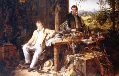  ?? Foto: Imago ?? Alexander von Humboldt (links) mit seinem Reisegefäh­rten Aimé Jacques Alexandre Bonpland während ihrer Südamerika Expedition in ihrer Dschungel Hütte. Das Ölgemälde stammt von dem Historienm­aler Eduard Ender (1822–1883).
