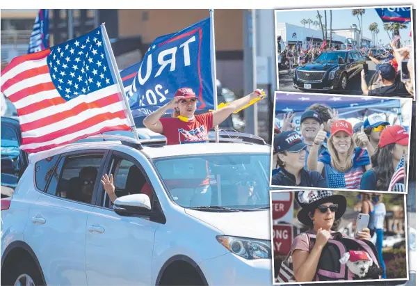  ??  ?? Trump fans turn out in force to watch the President’s motorcade (top right) drive through Newport Beach in California. Pictures: Angus Mordant