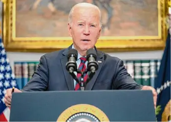  ?? ?? Evan Vucci / Associated Press President Joe Biden speaks in the Roosevelt Room of the White House on Oct. 4 in Washington. Biden can make an increasing­ly strong case that he’s helped curb inflation. Figures issued this month reflected a historic level of progress on battling high prices, hinting that inflation could be near the Federal Reserve's 2% target around the time of November’s election.