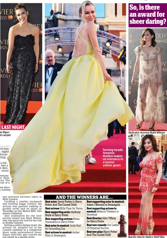  ??  ?? Delicate: Actress Ruth Wilson Barely there: Nancy Dell’Olio Turning heads: Amanda Holden makes an entrance in a lemon yellow gown