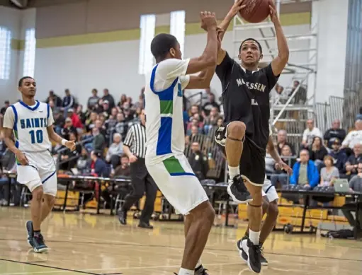  ?? Alexandra Wimley/Post-Gazette ?? Monessen’s Devin Whitlock attempts a shot in a 50-46 win over Nazareth Prep in the PIAA quarterfin­als Friday at Keystone Oaks High School in Dormont.