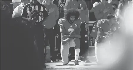  ?? EZRA SHAW/ GETTY IMAGES ?? Colin Kaepernick, shown taking a knee on Oct. 23, 2016, hasn’t played in the NFL since being cut by the 49ers after that season.