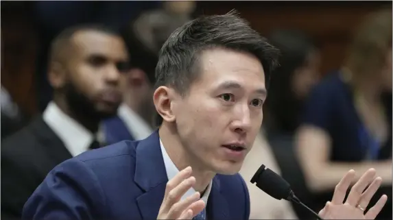  ?? JACQUELYN MARTIN — THE ASSOCIATED PRESS ?? TikTok CEO Shou Zi Chew testifies during a hearing of the House Energy and Commerce Committee, on the platform’s consumer privacy and data security practices and impact on children, Thursday on Capitol Hill.