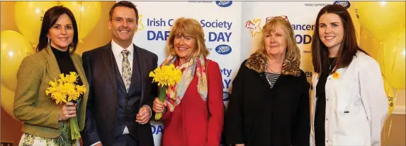  ??  ?? Irish Cancer Society Daffodil Day fundraisin­g volunteers (from left) Grainne Lally-Black, Mary Convery and Lizanne Allen, from Drogheda, Co Louth, joined RTÉ’s Aengus Mac Grianna and Boots Irish Cancer Society Informatio­n Pharmacist Clare O’Neill (far...