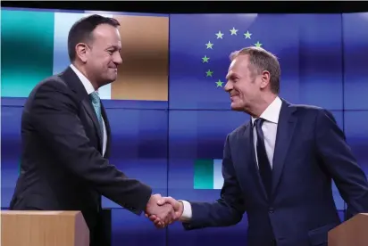  ?? (Yves Herman/Reuters) ?? EU COUNCIL PRESIDENT Donald Tusk (right) and Irish Prime Minister Leo Varadkar meet yesterday at the European Council headquarte­rs in Brussels.