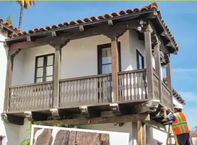  ??  ?? ABOVE The wood on the cantilever­ed porch of a Spanish Colonial Revival house was so damaged, the porch posed a safety hazard. LEFT One of the corbels was decomposed, and barely held together.