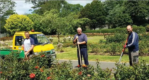  ??  ?? Staff busy keeping Tralee town Park looking well on a glorious afternoon on last Tuesday were Paddy Osborne, Killarney, Anthony Moran, Tralee, and Andrew Griffin, Listowel. Photo Moss Joe Browne.