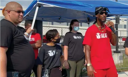  ?? Photograph: MediaPunch/Rex/Shuttersto­ck ?? Chris Smalls outside the warehouse in Staten Island. He said: ‘The energy and culture we built over the last six months with these workers, it’s been very strong.’