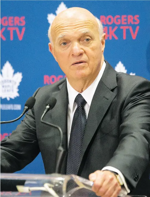  ?? CHRIS YOUNG / THE CANADIAN PRESS FILES ?? Lou Lamoriello, general manager of the Toronto Maple Leafs, was quick to point out Thursday that the team has already signed three free agents, which include two defencemen and a forward, all on entry-level contracts.