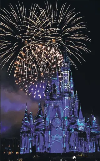  ?? PHOTO BY DAVID DICKSTEIN ?? Firework shells bursting over Cinderella Castle at the Magic Kingdom in Orlando produce a hidden Mickey.