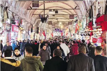  ??  ?? Also known as the Grand Bazaar, the Kapalicars­i Market was first built in 1461, it’s now home to four thousand shops under its frescoed ceiling, decorated with quotes.