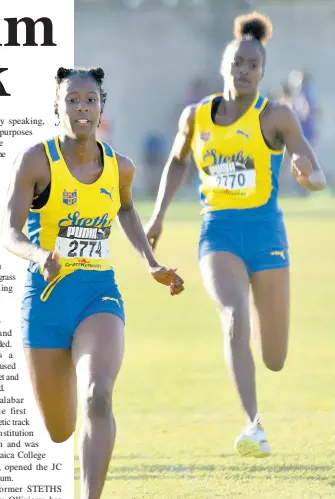  ?? ASHLEY ANGUIN/PHOTOGRAPH­ER ?? St Elizabeth Technical High School’s (STETHS) Habiba Harris (left) romps to victory in the Class 1 girls’ 100 metres dash at the 39th staging of the GraceKenne­dy/STETHS Invitation­al track and field Meet on Saturday January 27 at STETHS in St Elizabeth.