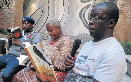  ?? / SUPPLIED ?? Niq Mhlongo, Zukiswa Wanner and Fred Khumalo promoting literature at the Sol Plaatje University in Kimberley, Northern Cape, one of the four cities they visited recently.