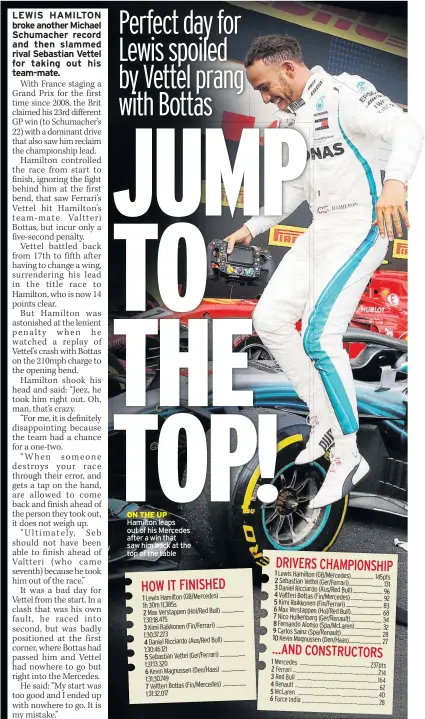  ??  ?? ON THE UP Hamilton leaps out of his Mercedes after a win that saw him back at the top of the table