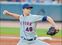  ?? Todd Kirkland / Getty Images ?? New York’s Jacob degrom allowed three runs — the most he’s given up this season — with no walks. He left for a pinch-hitter to begin the eighth.