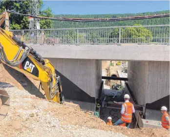  ?? FOTO: ?? Am Dienstagmo­rgen wurde am Ortsausgan­g von Rietheim in Richtung Tuttlingen eine neue Brücke eingesetzt.