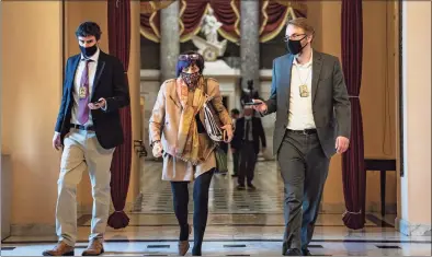  ?? Anna Moneymaker / New York Times ?? Rep. Rosa DeLauro, D-Conn., speaks with reporters on Tuesday after attending a briefing at the Capitol in Washington with House Speaker Nancy Pelosi, D-Calif., about Inaugurati­on Day security.