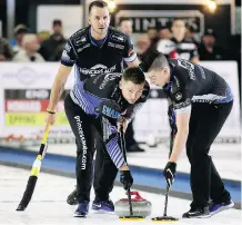  ?? MARK MALONE ?? Former skip Mike McEwan, front left, is relearning how to sweep alongside lead Colin Hodgson, right, and second Derek Samagalski after teaming up with friend and longtime rival Reid Carruthers.