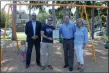  ??  ?? Left to right: Joseph Ogden and Scott Morganstei­n of Saratoga Springs Friends of Recreation are presented with a plaque from City of Saratoga Springs Recreation Department administra­tive director John Hirliman and Saratoga Springs Mayor Meg Kelly.