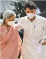  ?? — PTI ?? BJP MP Jyotiradit­ya Scindia ( R) and SP MP Jaya Bachchan at Parliament House in New Delhi on Sunday.