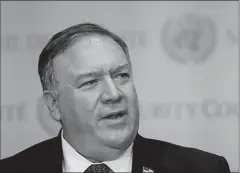  ?? NEW YORK
-REUTERS ?? US Secretary of State Mike Pompeo speaks to reporters following a meeting with members of the U.N. Security Council about Iran's alleged non-compliance with a nuclear deal at UN headquarte­rs.