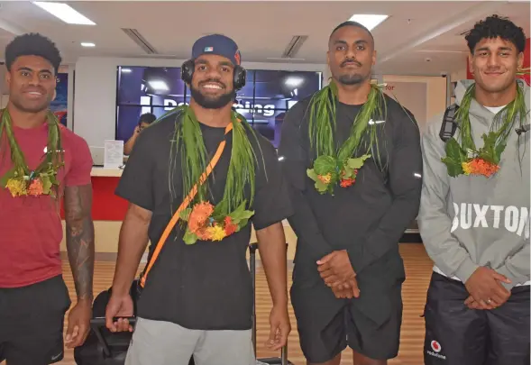  ?? Photo: Waisea Nasokia ?? From left: Vodafone Fiji Bati reps Kevin Naiqama, Sunia Turuva, Sitiveni Moceidreke, and Joshua Wong at the Nadi Internatio­nal Airport on November 14, 2022.