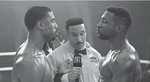  ?? PROVIDED BY ELI ADE ?? Adonis Creed ( Michael B. Jordan, left) faces his old friend Damian Anderson ( Jonathan Majors) in the ring in the boxing drama “Creed III.”