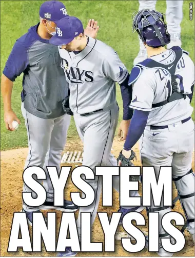  ??  ?? GET OUTTA HERE: Blake Snell was taken out of the game by manager Kevin Cash during the sixth inning against Dodgers in Game 6 of the World Series. Some suggest this is proof analytics don’t work, but that is a misguided assumption, writes Ken Davidoff.