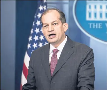  ?? JABIN BOTSFORD — THE WASHINGTON POST ?? Labor Secretary Alex Acosta said government forecasts estimate new health insurance rules will lead 4 million Americans to be covered through associatio­n health plans, including 400,000 who are now uninsured.