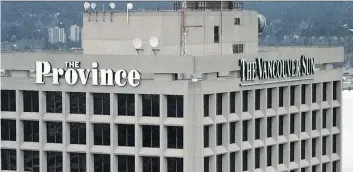  ?? COLIN PRICE ?? The offices of Postmedia’s Vancouver Sun and Vancouver Province newspapers are seen at the city’s Granville Square. Postmedia and Pacific Newspaper Group have reached a deal that will save 21 jobs.