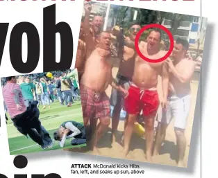  ??  ?? ATTACK McDonald kicks Hibs fan, left, and soaks up sun, above