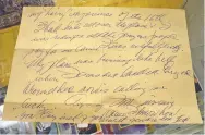  ?? DAVID SHARP/THE ASSOCIATED PRESS ?? Part of a letter written by Sox slugger Ted Williams the day after he crashed his airplane during the Korean War. Thirty-eight letters from Williams to his girlfriend at the time are going to be auctioned in Biddeford, Maine.