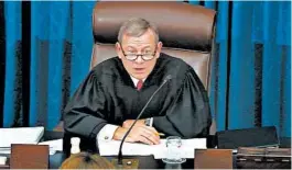  ?? SENATE TELEVISION ?? Supreme Court Chief Justice John Roberts will preside over the impeachmen­t case. But even if Roberts were to make a ruling from the chair, 51 senators can vote to overrule him.