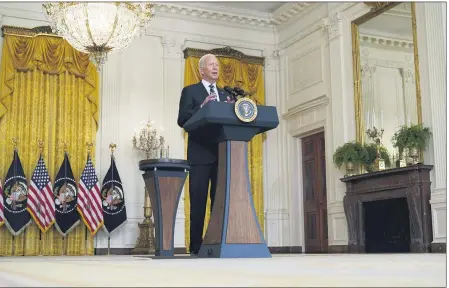  ?? SUSAN WALSH — THE ASSOCIATED PRESS ?? President Joe Biden speaks from the East Room of the White House in Washington, Wednesday, Aug. 18, on the COVID-19response and vaccinatio­n program. U.S. health officials Wednesday announced plans to offer COVID-19booster shots to all Americans to shore up their protection amid the surging delta variant and signs that the vaccines’ effectiven­ess is falling.