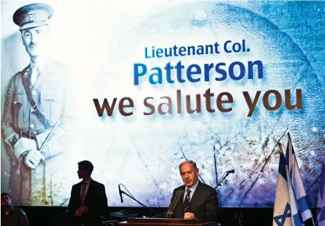  ?? (Nir Elias/Reuters) ?? PRIME MINISTER Benjamin Netanyahu speaks at a reintermen­t ceremony for John Henry Patterson near Netanya in 2014. He was a British commander of the Jewish Legion during World War I, and his ashes were reburied in Israel.